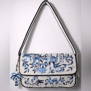 Blue and White Palm Tree Beaded Bag